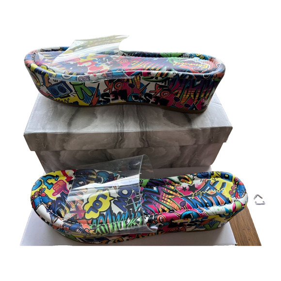 Colorful Street Art Graffiti Sandals Clear Straps ,Chunky Platform Heel Size 10 - Picture 4 of 10